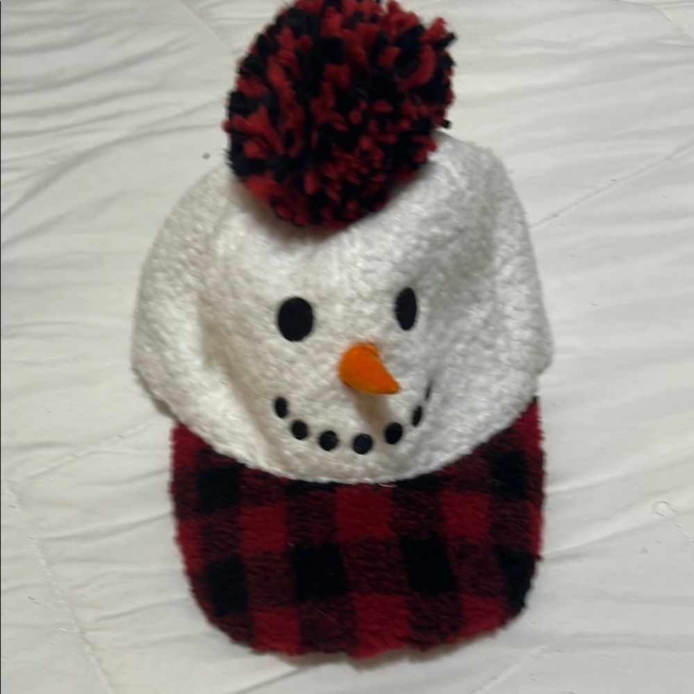 Kids Snowman Pom-Pom Hat - White and Red